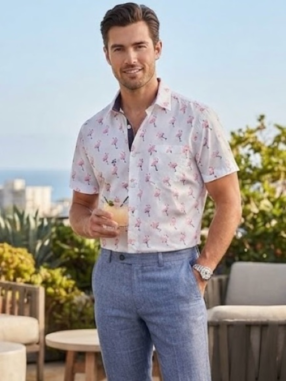 Stone Rose Flamingo Print Short Sleeve Button-Down Shirt XL Party Statement